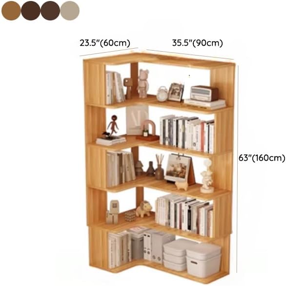 LITFAD Modern Vertical Corner Bookshelf Solid Wood Floor Bookcase with Shelves & Open Back Design Living Room Storage Shelves - Dark Walnut 24' L x 35' W x 63' H