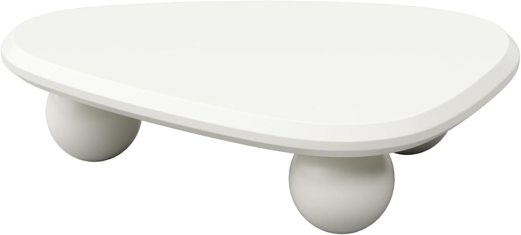 38.58'' Modern Coffee Table with Ball Base, Contemporary Oval Round Cloud Shaped Wood Coffee Table for Living Room, Easy Assembly, Cream White