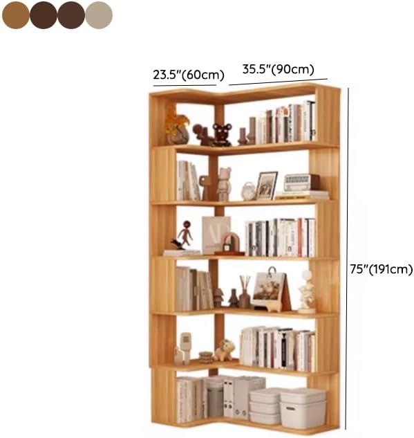 LITFAD Modern Vertical Corner Bookshelf Solid Wood Floor Bookcase with Shelves & Open Back Design Living Room Storage Shelves - Dark Walnut 24' L x 35' W x 75' H