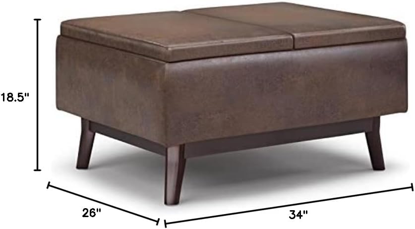 Pemberly Row Mid Century Faux Leather Storage Ottoman with Lift Top, Square Coffee Table for Living Room with Large Storage Space, Distressed Brown Upholstered Footrest with Wood Legs