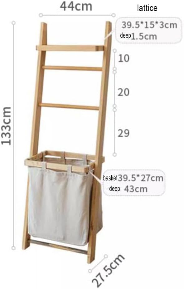 Wooden Bath Towel Ladder Rack, Dirty Clothes Basket Wall Leaning Blanket Throw Hanger Stand with Drying Bar Storage Holder And Hamper Basket for Bathroom Bedroom ( Color : Natural , Size : 44x27.5x133