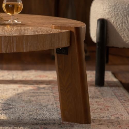 36.61'' Round Coffee Table Wood, Modern Unique Farmhouse Wooden Circle Coffee Table Contemporary Vintage Rustic Center Table Retro Tea Table for Living Room, Office, Apartment, Natural