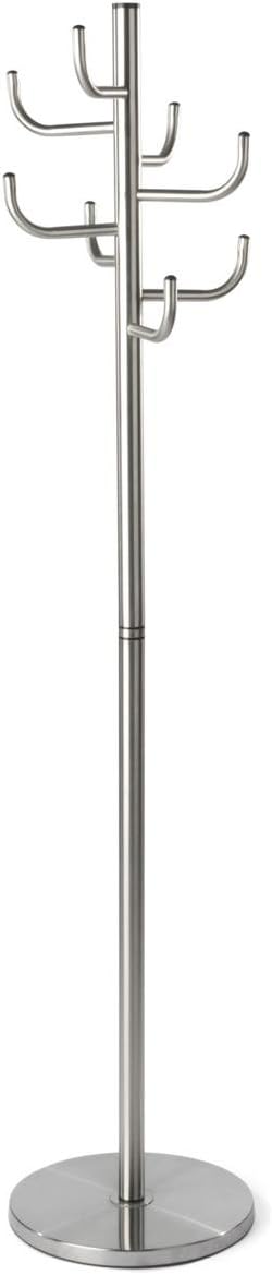 Displays2go Coat Rack with 8 Hooks, Weighted Base, Metal (Stainless Steel) Brushed Silver Finish (CTHNGCRSV)