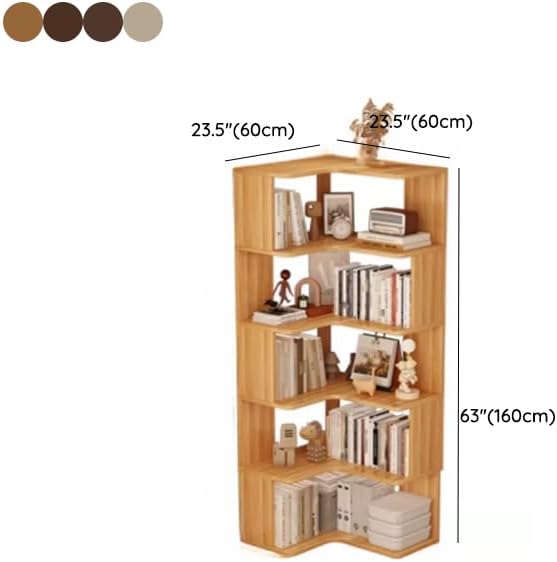 LITFAD Modern Vertical Corner Bookshelf Solid Wood Floor Bookcase with Shelves & Open Back Design Living Room Storage Shelves - Dark Walnut 24' L x 24' W x 63' H