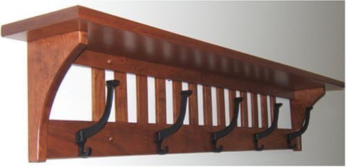 Rustic Red Door Co. Mission Style Coat Rack Wall Mounted with Shelf, Entryway Wooden Hanger with 5 Wrought Iron Hooks for Jacket, Towel or Hat, Farmhouse Decor, 51.5' Cherry Wood and W. Cherry Stain