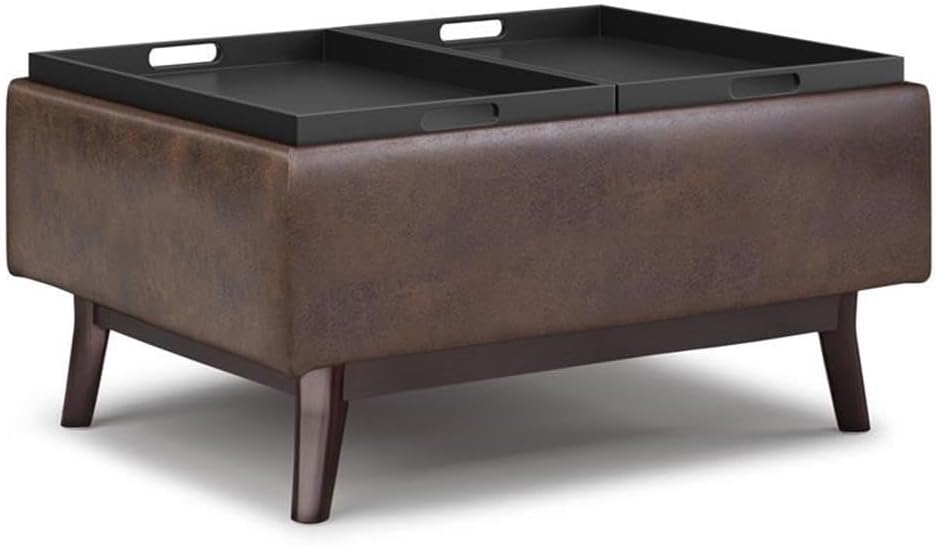 Pemberly Row Mid Century Faux Leather Storage Ottoman with Lift Top, Square Coffee Table for Living Room with Large Storage Space, Distressed Brown Upholstered Footrest with Wood Legs