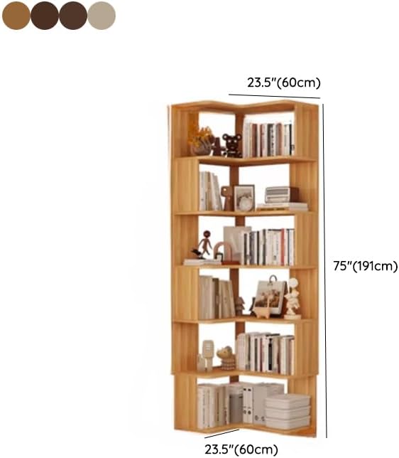 LITFAD Bookshelf Modern Vertical Corner Bookshelf Solid Wood Floor Bookcase with Shelves & Open Back Design Living Room Storage Shelves - Dark Walnut 24' L x 24' W x 75' H