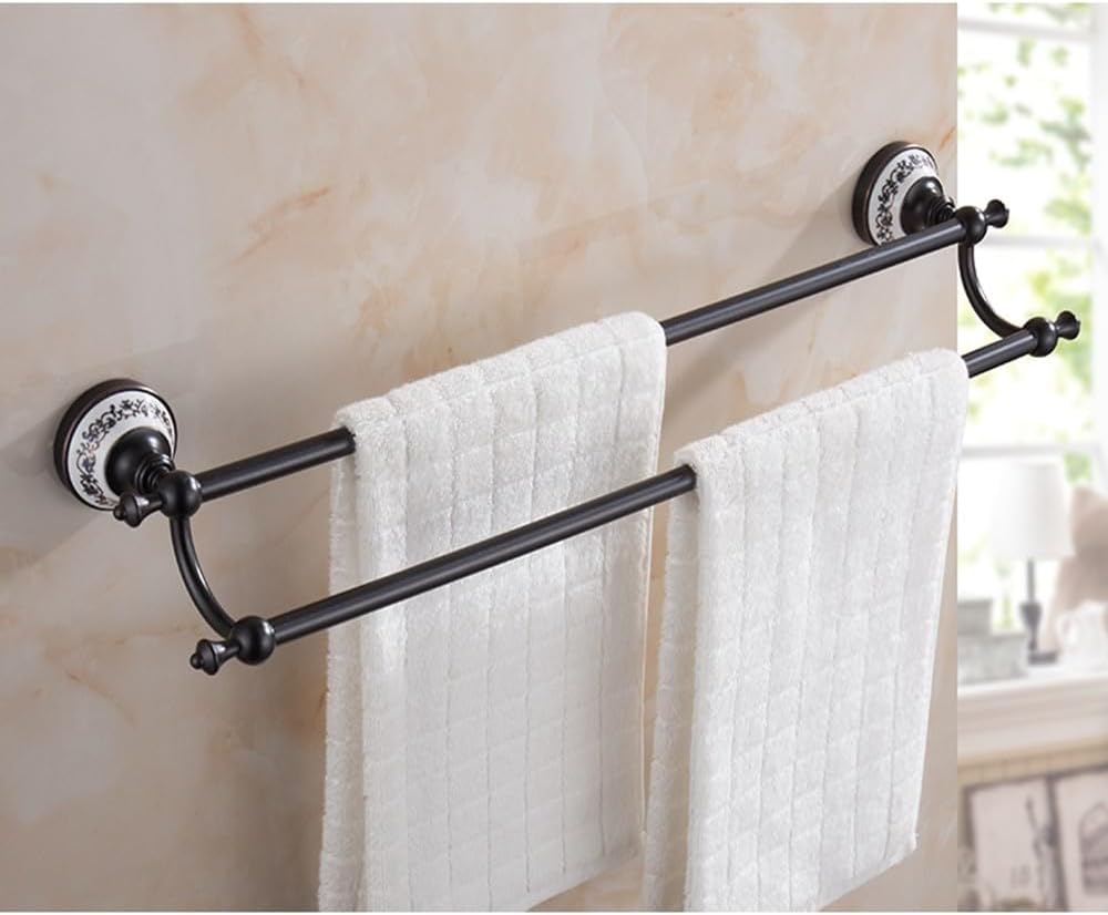 Black Brass Bathroom Hardware Set Porcelain Towel Shelf Towel Rack Toilet Paper Holder Towel Bar Hook Bathroom Accessories,Double Towel bar2
