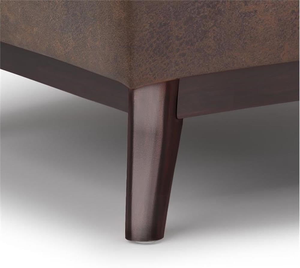 Pemberly Row Mid Century Faux Leather Storage Ottoman with Lift Top, Square Coffee Table for Living Room with Large Storage Space, Distressed Brown Upholstered Footrest with Wood Legs
