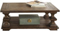 Pemberly Row Traditional Wood Cocktail Table, Brown Finish, Spanish Style Turned Legs, Heavy Planked Top, Bottom Shelf, Square Peg Accents, 50 in Wide Coffee Table for Living Room Storage and Display