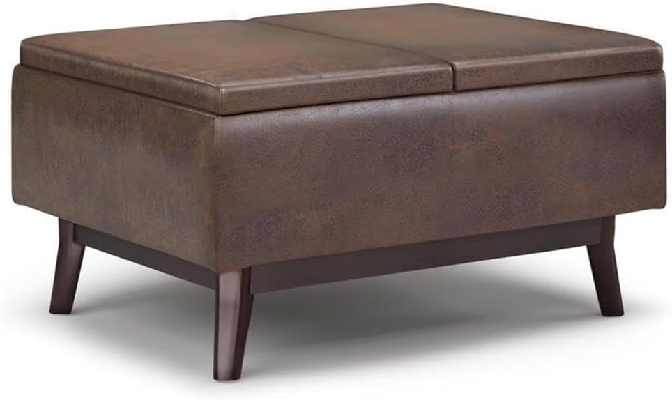 Pemberly Row Mid Century Faux Leather Storage Ottoman with Lift Top, Square Coffee Table for Living Room with Large Storage Space, Distressed Brown Upholstered Footrest with Wood Legs