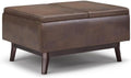 Pemberly Row Mid Century Faux Leather Storage Ottoman with Lift Top, Square Coffee Table for Living Room with Large Storage Space, Distressed Brown Upholstered Footrest with Wood Legs
