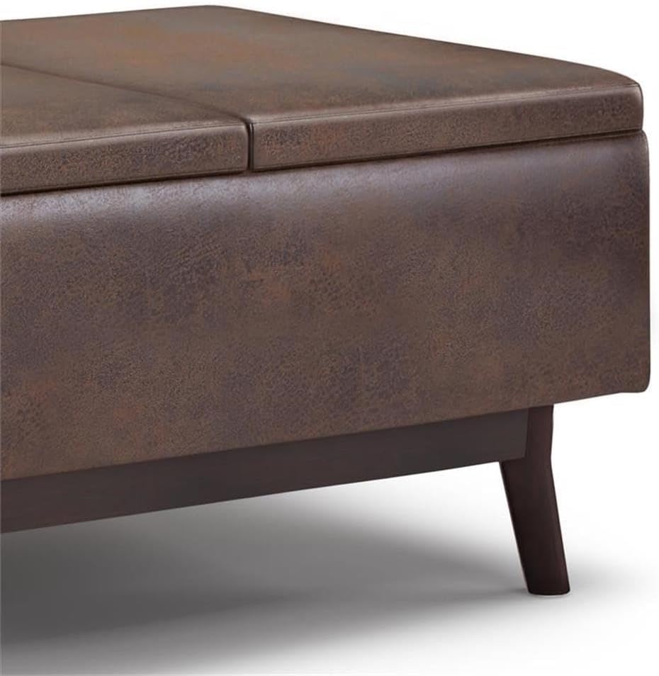 Pemberly Row Mid Century Faux Leather Storage Ottoman with Lift Top, Square Coffee Table for Living Room with Large Storage Space, Distressed Brown Upholstered Footrest with Wood Legs