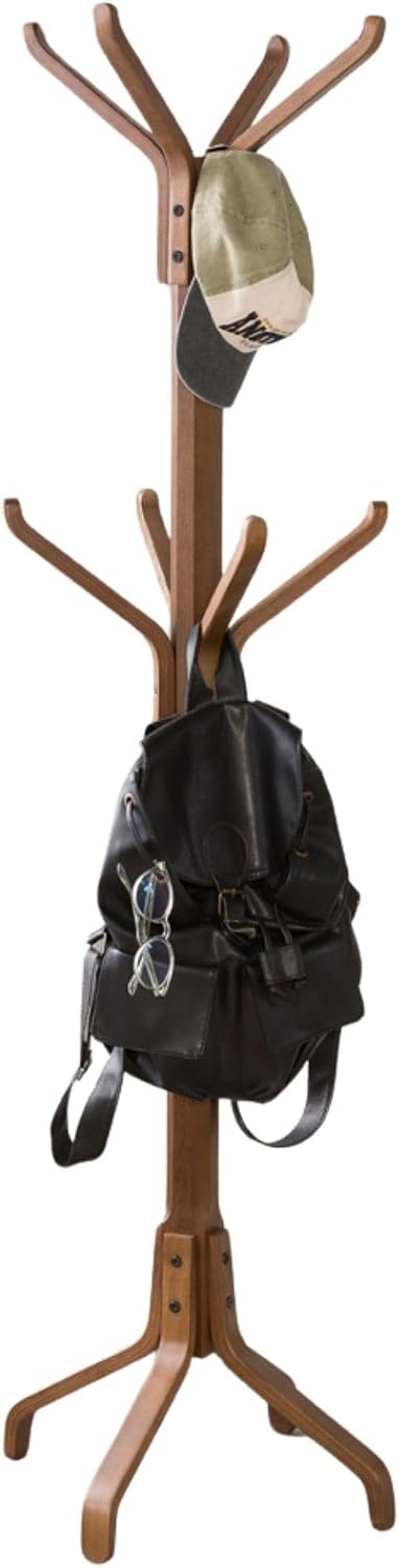 Solid Wood Coat Rack Freestanding, Coat Stands Entryway, Coat Rack Hat Hanger Hook for Jacket, Purse, Scarf Rack, Mid Century Umbrella Tree Stand (8-hook, Walnut)