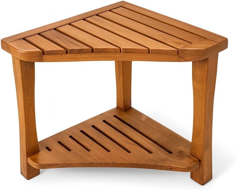 Teak Shower Bench for Inside Shower - 100% Grade A Solid Teak Wood Shower Stool, Waterproof Wooden Bath Bench Seat with Storage Shelf, Non-Slip Spa Chair