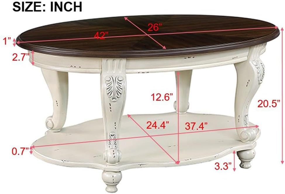 Vintage Solid Wood Coffee Table, 42' Oval Cocktail Table with Storage Shelf, Center Table with Antique Wooden Legs and Elegant Carvings for Living Room, Easy Assembly (Antique White)