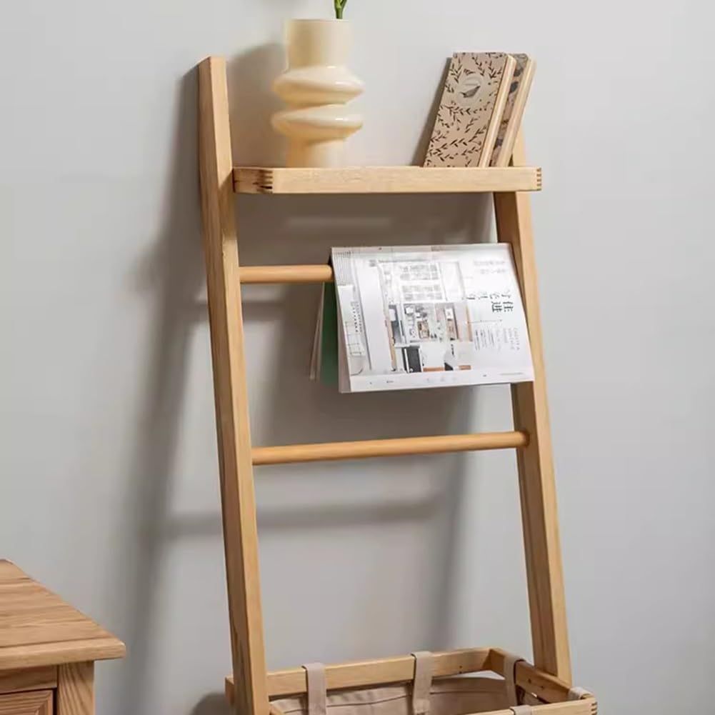Wooden Bath Towel Ladder Rack, Dirty Clothes Basket Wall Leaning Blanket Throw Hanger Stand with Drying Bar Storage Holder And Hamper Basket for Bathroom Bedroom ( Color : Natural , Size : 44x27.5x133