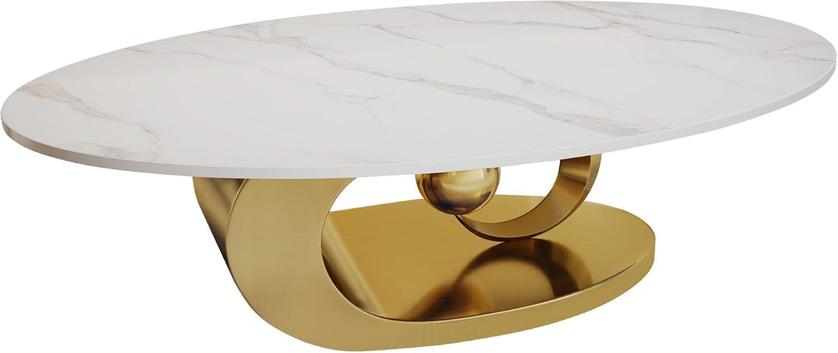 49.2' Oval Coffee Table, Modern Faux Marble Coffee Tables with Sculptural Sintered Stone Tabletop, Large Unique Tea Table with Stainless Steel Base for Living Room, Office, Bedroom, Gold+White