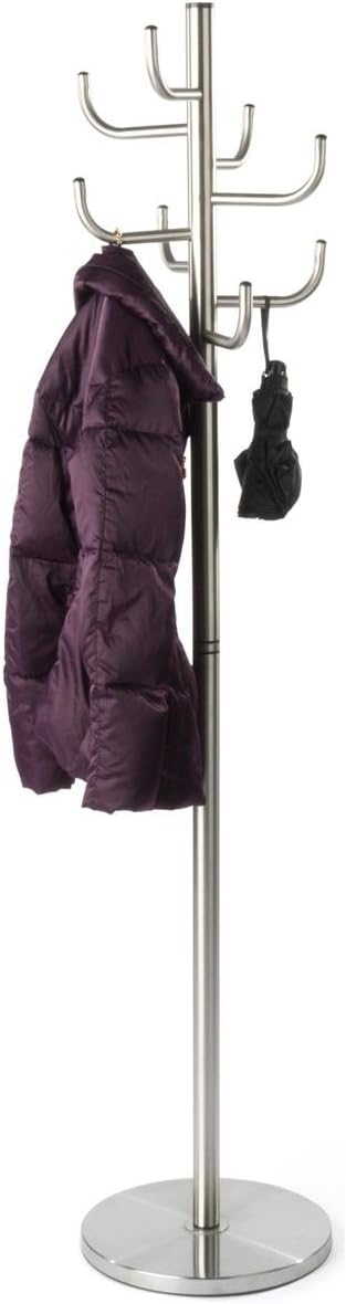 Displays2go Coat Rack with 8 Hooks, Weighted Base, Metal (Stainless Steel) Brushed Silver Finish (CTHNGCRSV)