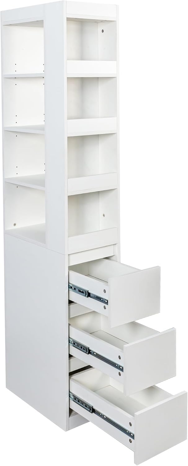 70.87' H Display Storage Cabinet, Narrow Wooden Corner Cabinet with 8-Tier Shelves and 3 Side Drawers, Tall Bookshelf and Bookcase for Living Room Home Office, White