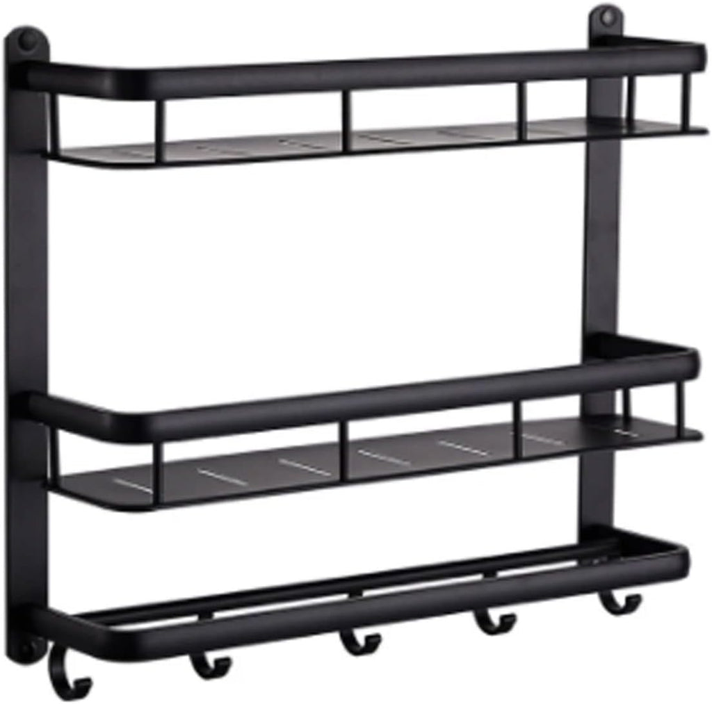 Black Shelf Aluminum Shower Caddy Corner Shelves Bath Towel Rack Shampoo Holder with Towel Bar Hook Hair Dryer Holder