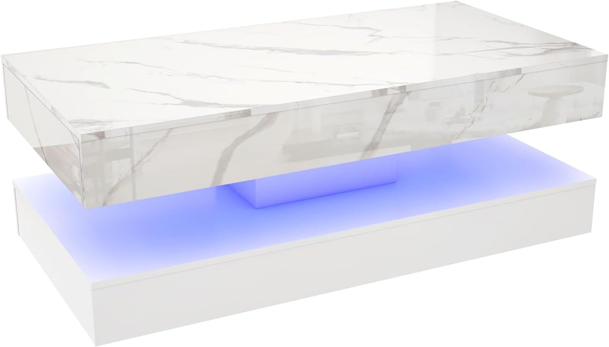 chartustriable 47.2' Large High-Glossy LED Coffee Table with 2 Sliding Drawers, Living Room Storage Coffee Tables with Marbling Print, Modern Stylish Double-Layer Center Tables w/LED Lights, White
