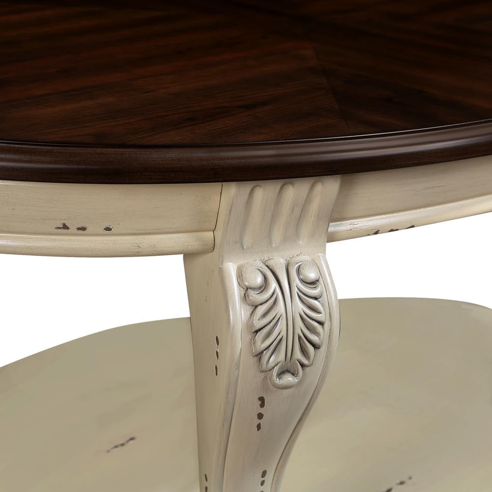 Vintage Solid Wood Coffee Table, 42' Oval Cocktail Table with Storage Shelf, Center Table with Antique Wooden Legs and Elegant Carvings for Living Room, Easy Assembly (Antique White)