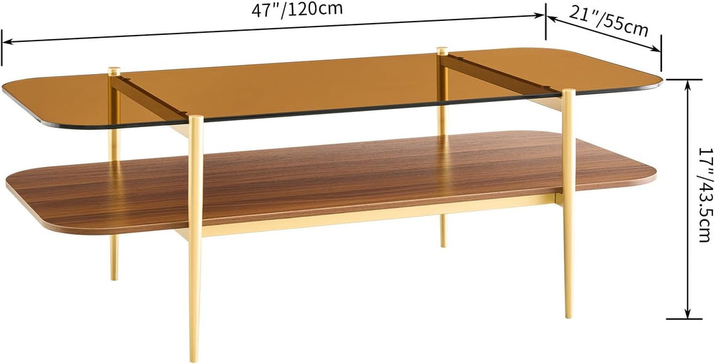 AGV LIGHTING Tadio Large Glass Coffee Table, Mid-Century Modern Coffee Table for Living Room, Gold Finish Leg, Coffee Brown Glass Top & Walnut Brown Shelf, 47 in Rrounded Corners