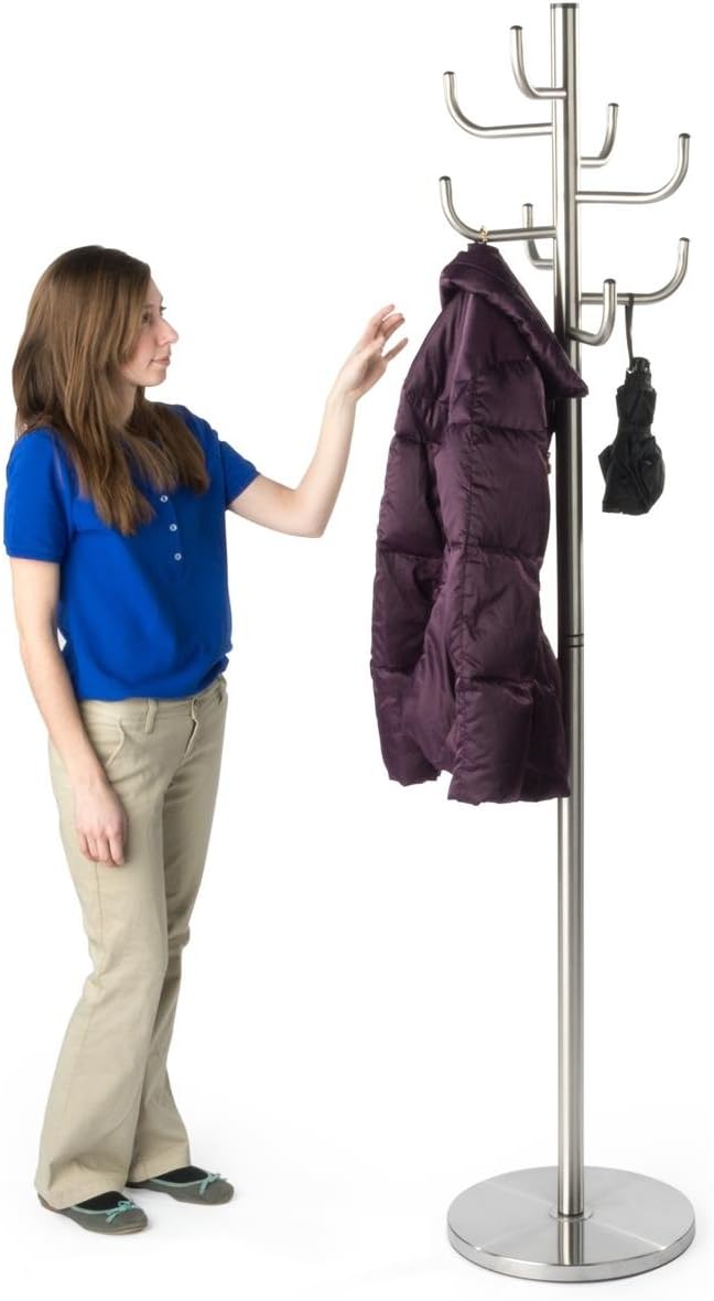 Displays2go Coat Rack with 8 Hooks, Weighted Base, Metal (Stainless Steel) Brushed Silver Finish (CTHNGCRSV)