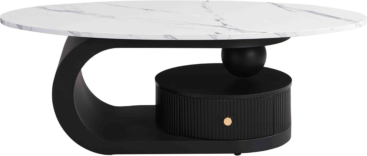 SSLine Luxury Nesting Coffee Table Set with Black Base Modern Faux Marble Living Room Table Set of 2 Include Oval Coffee Table with Drawer and End Table for Living Room Bedroom