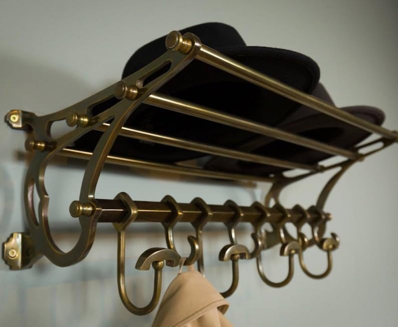 French Coat Rack Luggage Rack Wall Mounted Shelf Vintage Luxury Home Decor- Antique Brass Finish with 8 hooks