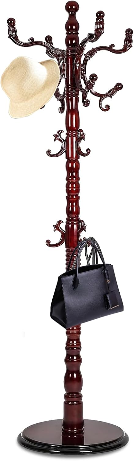 Coat Racks freestanding, High-grade Wooden Tree Coat Rack, Coat Rack Stand With 14 Hooks & Stable Disc Base, For such as coats, jackets, Home Office Hats Tree Hanger (black red)