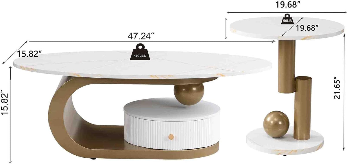 Oval Nesting Coffee Table Set of 2 Faux Marble Golden Round End Table Modern Living Room Table Large 47Inch Coffee Table with Storage Drawer, White
