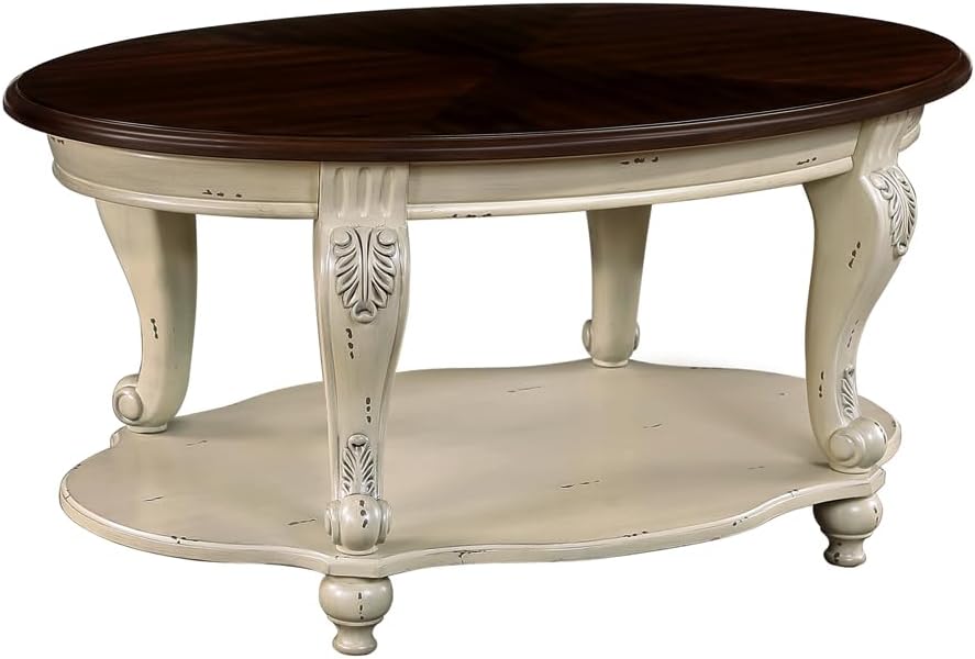 Vintage Solid Wood Coffee Table, 42' Oval Cocktail Table with Storage Shelf, Center Table with Antique Wooden Legs and Elegant Carvings for Living Room, Easy Assembly (Antique White)