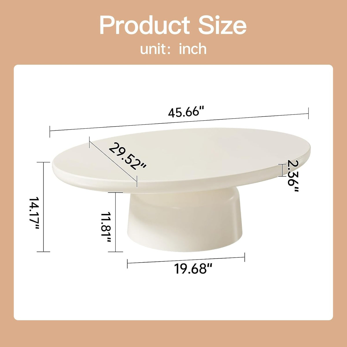 White Oval Coffee Table, 45.66' Cream White Modern Coffee with Sturdy Pedestal for Bedroom,Living Room & Small Spaces