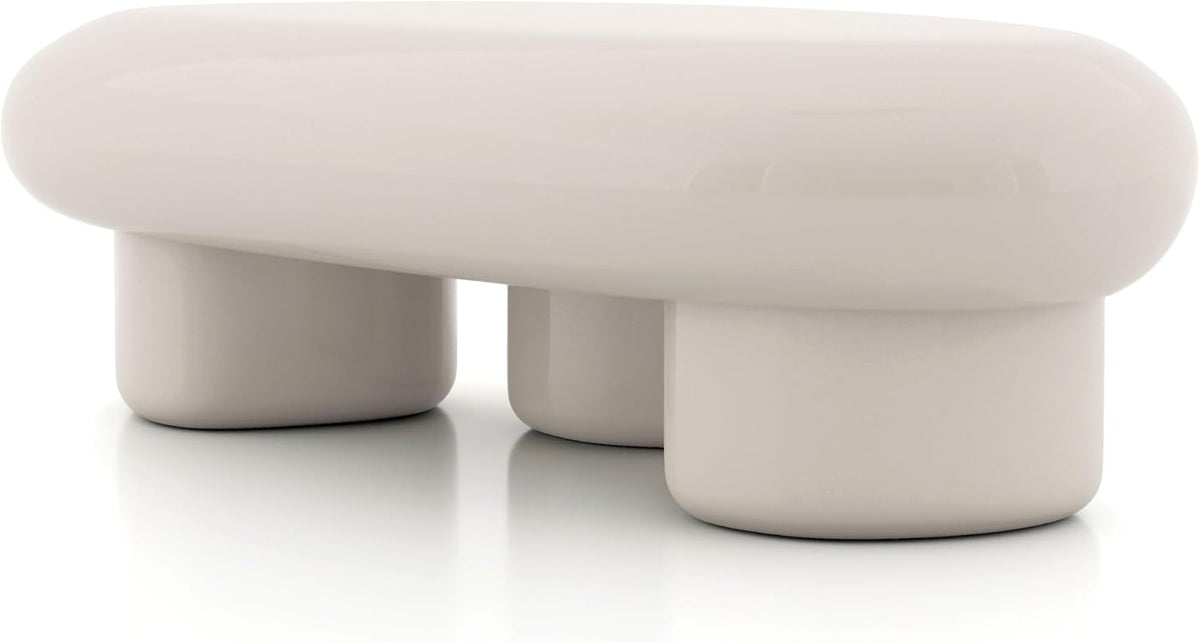 24/7 Shop at Home Kavren Modern 37-inch 2-Piece Oval Glossy Low Profile Coffee Table Set, Stone Shape Living Room Furniture for Small Space, Ivory