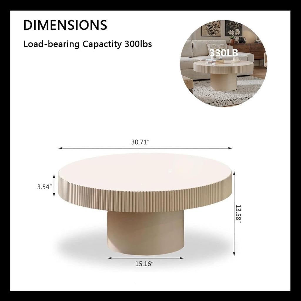 Round Coffee Table Farmhouse Coffee Table with Handcrafted Relief Circle Drum End Table for Apartment Living Room (White Thin)