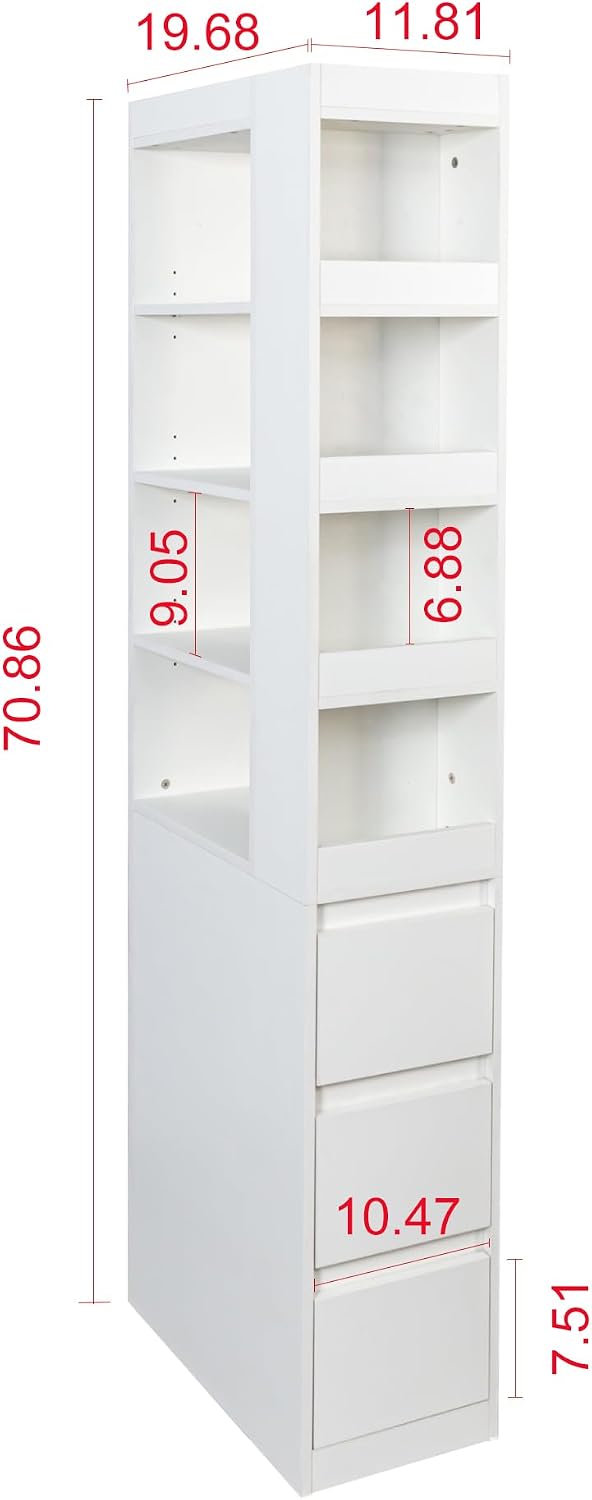 70.87' H Display Storage Cabinet, Narrow Wooden Corner Cabinet with 8-Tier Shelves and 3 Side Drawers, Tall Bookshelf and Bookcase for Living Room Home Office, White