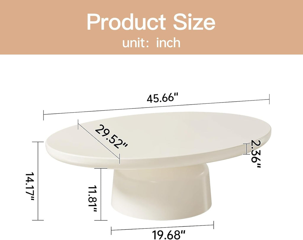 46' Oval Coffee Table, Mid-Century Modern Drum Coffee Table with Sturdy Pedestal & Thick Tabletop, Low Coffee Table for Living Room & Office, Easy Assembly, White
