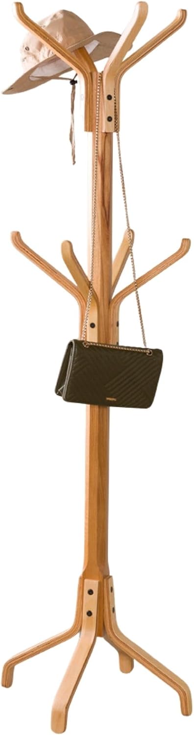 Solid Wood Coat Rack Freestanding, Coat Stands Entryway, Coat Rack Hat Hanger Hook for Jacket, Purse, Scarf Rack, Mid Century Umbrella Tree Stand (8-hook, Natural)