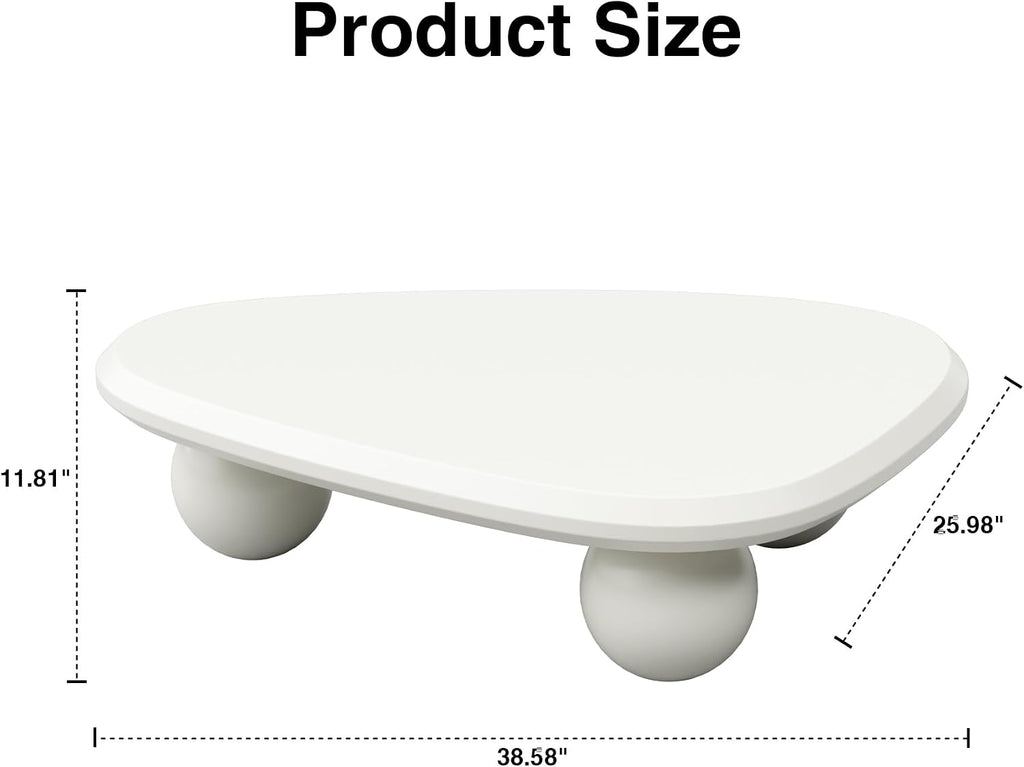 38.58'' Modern Coffee Table with Ball Base, Contemporary Oval Round Cloud Shaped Wood Coffee Table for Living Room, Easy Assembly, Cream White