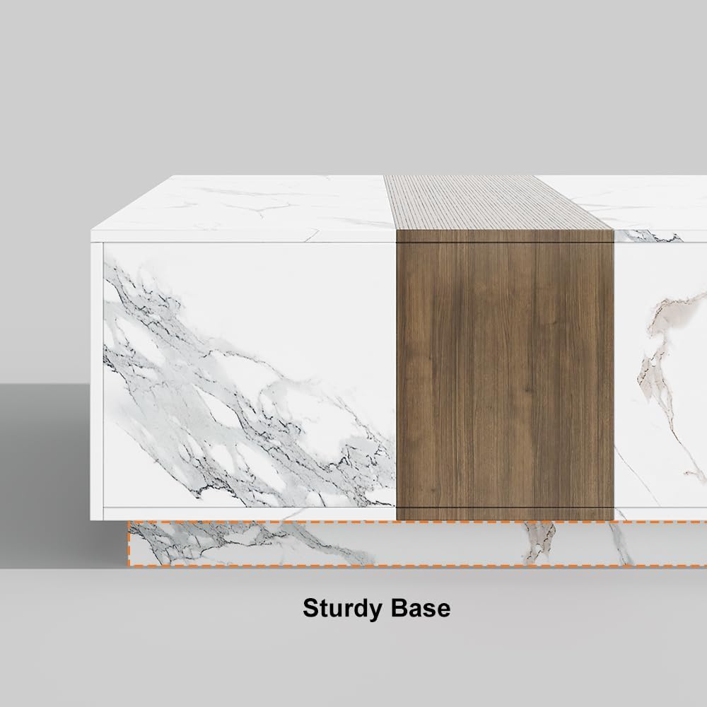 homary Marble & Walnut Coffee Table – Modern Block Design Living Room Center Table with 2 Storage Drawers, White Marble Veneer & Walnut Wood Veneer, Sturdy Base & Smooth Quiet Rails (White)