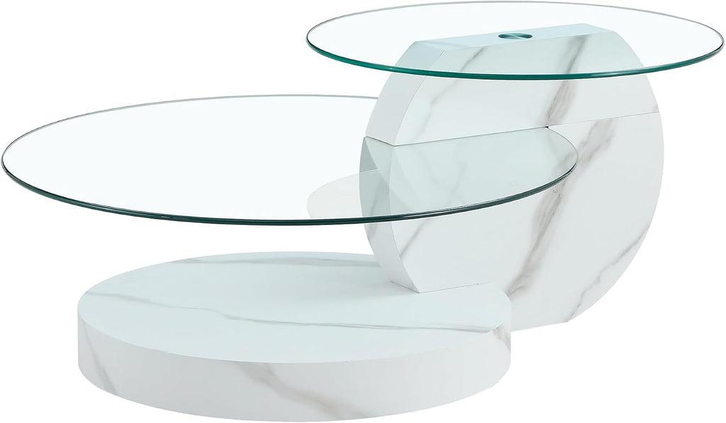 Ebullient Modern Round Glass Coffee Table, 3-Tier Wood Base Geometric Center Table for Living Room, Contemporary Accent Furniture, 42 Inch