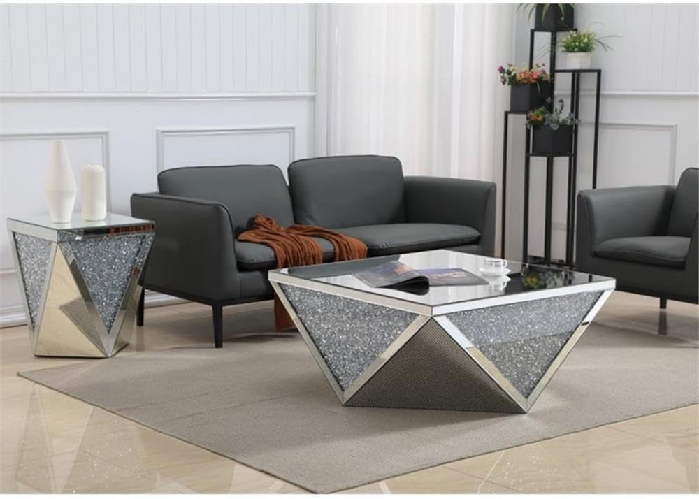 MAKLAINE Modern Square Polygonal Coffee Table, 38 in, Clear Silver Crystal Mirrored Finish, MDF and Glass Construction, Living Room Accent Table, Sleek Design