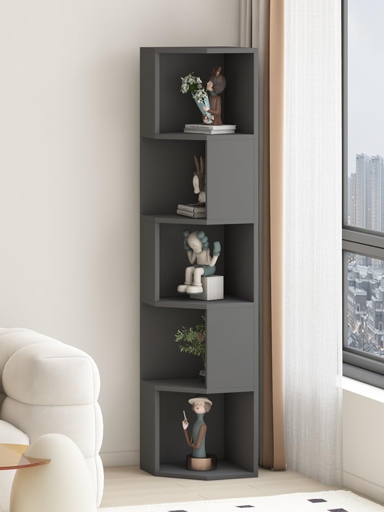Wall Corner Bookshelf, Wooden 5-Tier Corner Shelf Standing Shelving Unit Corner Display Rack Corner Bookshelf for Bedroom Living Room Corner Shelf Plant Stand(Black)