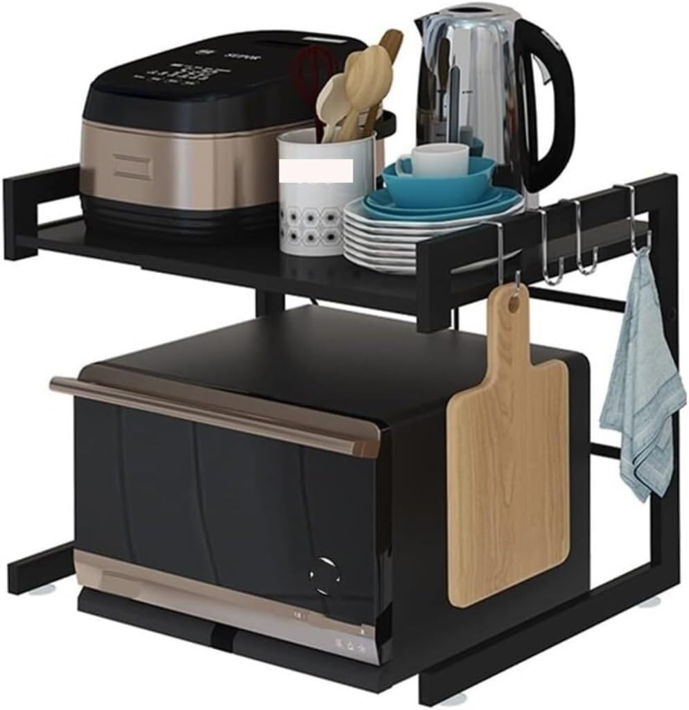 Microwave Stand Extendable Microwave Oven Rack Adjustable Stand Kitchen Counter Shelf Organizer with 3 Hooks Storage
