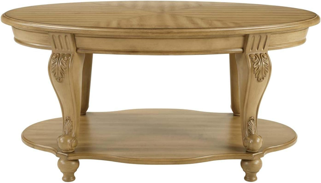 Oval Wood Coffee Table for Living Room, 2-Tier Solid Wood Coffee Table with Open Storage Shelf, Traditional Retro Center Table for Office (42' W x 26' D x 20.5' H, Natural)