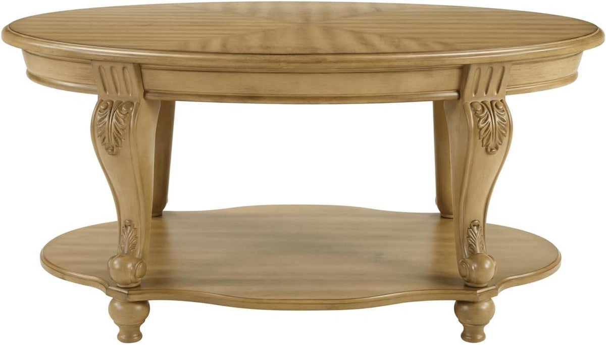 Oval Wood Coffee Table for Living Room, 2-Tier Solid Wood Coffee Table with Open Storage Shelf, Traditional Retro Center Table for Office (42' W x 26' D x 20.5' H, Natural)