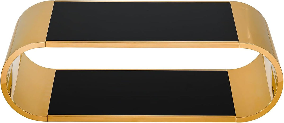 Luxrious Gold Coffee Table with Black Glass Top Living Room Tea Table with Gold Stainless Steel Base,57'