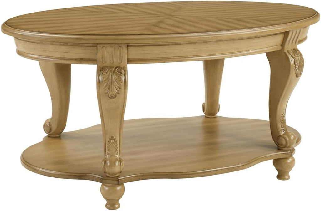 Oval Coffee Table, 42 Inch Wood Center Table with Carved Legs 2-Tier Natural Wood Cocktail Table, Vintage Victorian Coffee Table for Living Room,Antique Natural